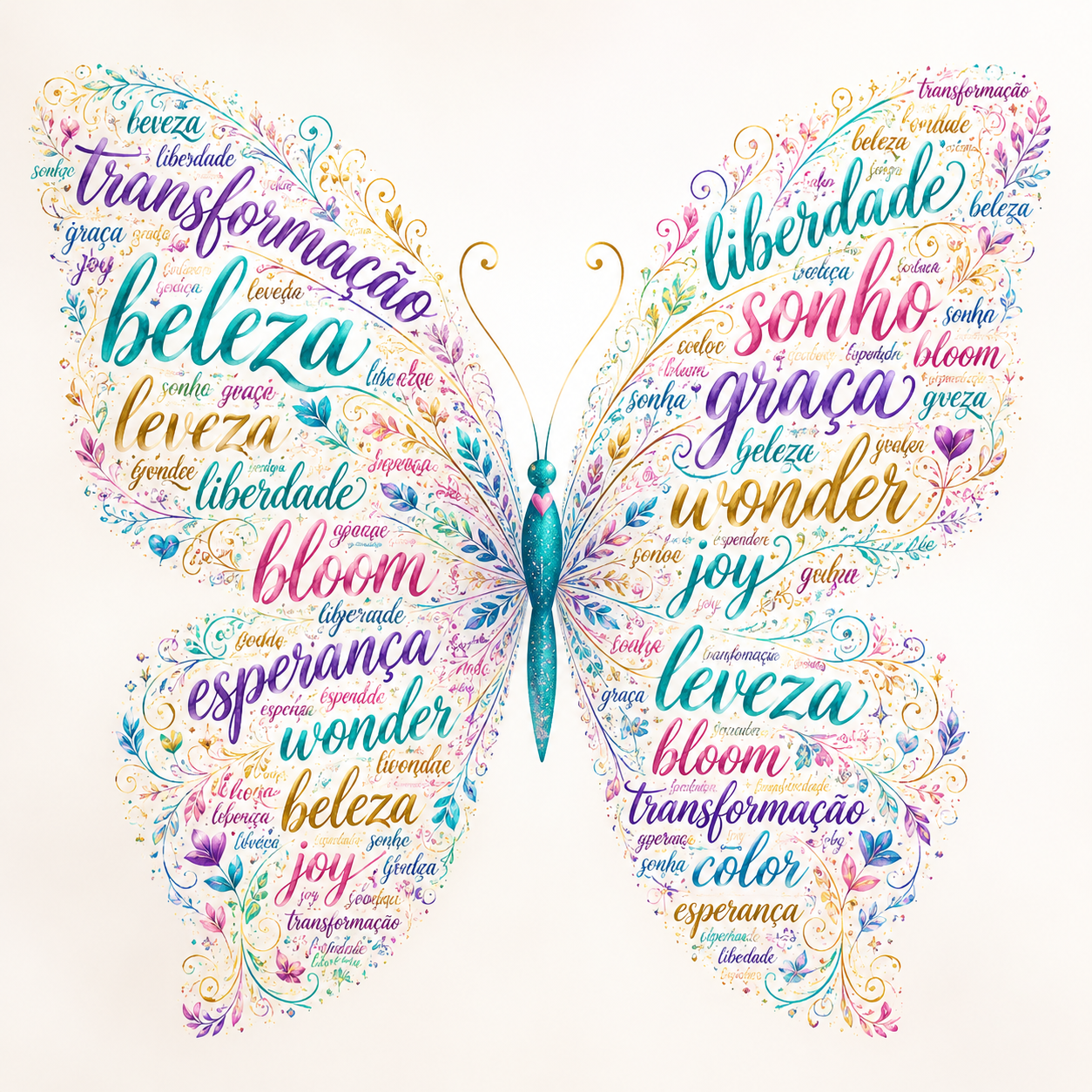 Nuvem de palavras colorida em forma de borboleta, com termos como beleza, liberdade, sonho e transformação