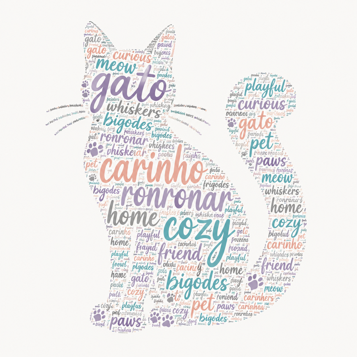 Nuvem de palavras em forma de gato sentado, com termos como gato, carinho, ronronar, cozy e bigodes