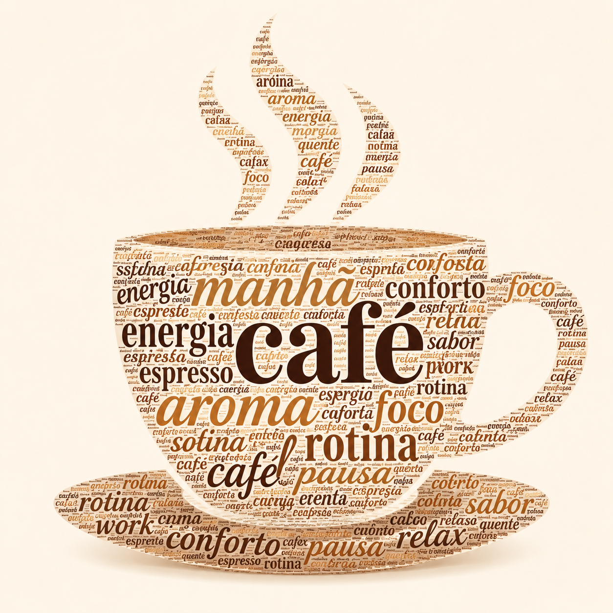 Nuvem de palavras em forma de xícara de café, com termos como manhã, energia, aroma, rotina e conforto