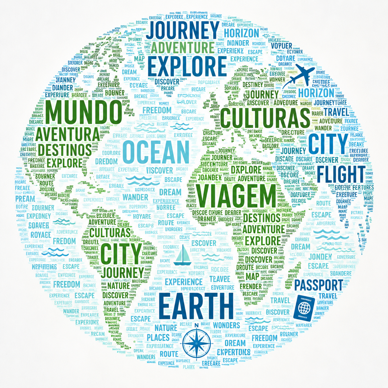 Nuvem de palavras em forma de planeta Terra, com termos sobre viagem, culturas, destinos, oceano e aventura