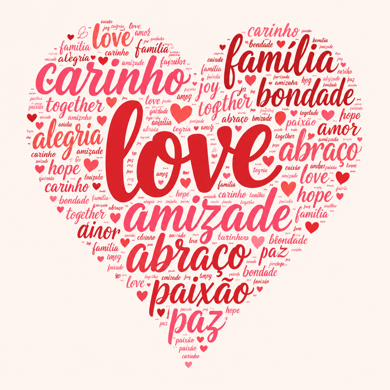 Nuvem de palavras em forma de coração, com termos como amor, carinho, família, amizade, abraço e paz