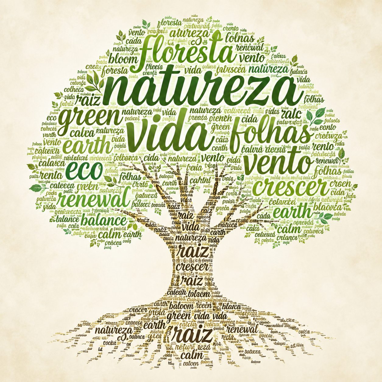 Nuvem de palavras em forma de árvore, com termos como natureza, vida, folhas, floresta, raiz e crescer